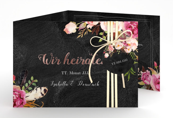 Hochzeitseinladung Flowers A6 Doppel-Klappkarte rosegold mit bunten Aquarell-Blumen