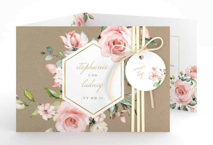 Hochzeitseinladung Graceful A6 Doppel-Klappkarte gold mit Rosenblüten in Rosa und Weiß