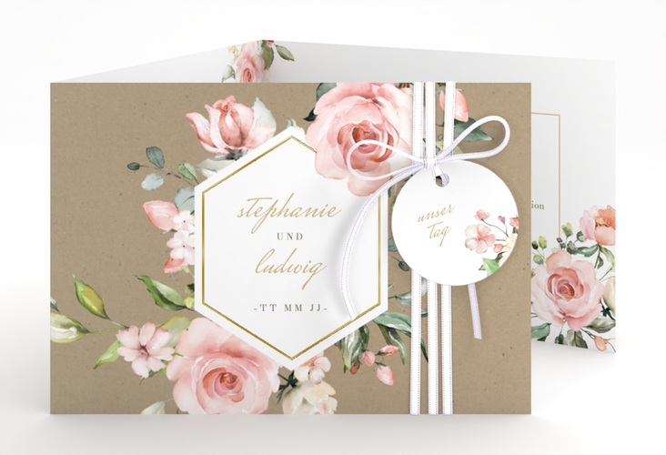 Hochzeitseinladung Graceful A6 Doppel-Klappkarte gold mit Rosenblüten in Rosa und Weiß