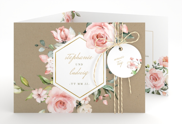 Hochzeitseinladung Graceful A6 Doppel-Klappkarte gold mit Rosenblüten in Rosa und Weiß