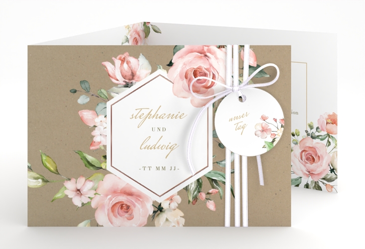 Hochzeitseinladung Graceful A6 Doppel-Klappkarte rosegold mit Rosenblüten in Rosa und Weiß