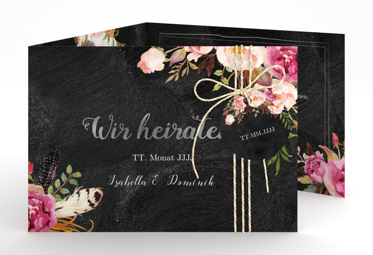 Hochzeitseinladung Flowers A6 Doppel-Klappkarte silber mit bunten Aquarell-Blumen