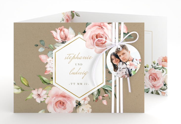 Hochzeitseinladung Graceful A6 Doppel-Klappkarte gold mit Rosenblüten in Rosa und Weiß