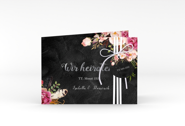 Hochzeitseinladung Flowers A6 Klappkarte quer silber mit bunten Aquarell-Blumen