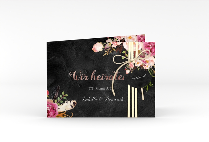 Hochzeitseinladung Flowers A6 Klappkarte quer rosegold mit bunten Aquarell-Blumen