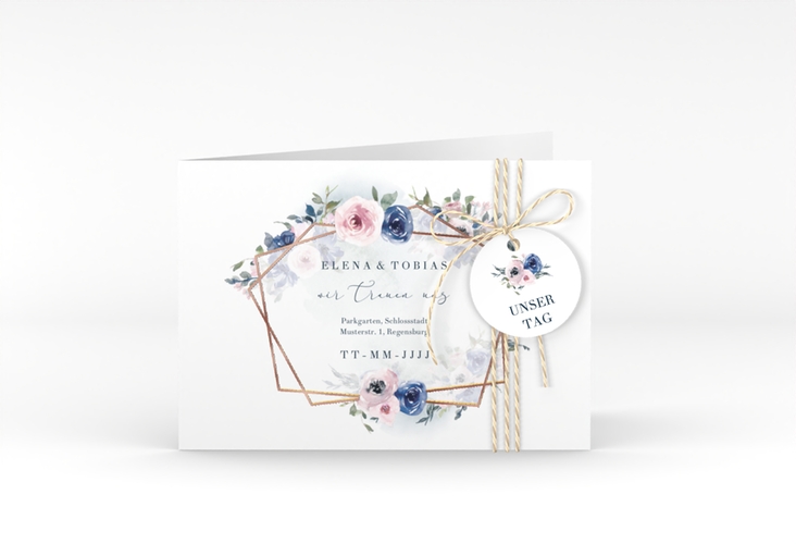 Hochzeitseinladung Dustyblue A6 Klappkarte quer rosegold