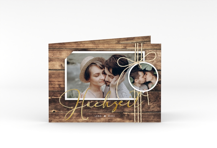 Hochzeitseinladung Rustic A6 Klappkarte quer gold in Holz-Optik mit Foto