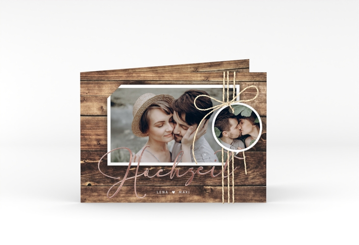 Hochzeitseinladung Rustic A6 Klappkarte quer rosegold in Holz-Optik mit Foto