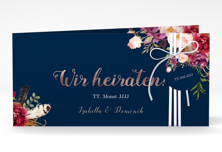 Hochzeitseinladung Flowers lange Klappkarte quer blau rosegold mit bunten Aquarell-Blumen