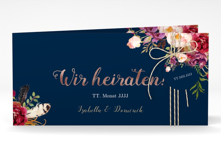 Hochzeitseinladung Flowers lange Klappkarte quer blau rosegold mit bunten Aquarell-Blumen