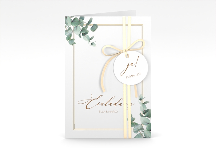 Einladungskarte Hochzeit Eucalypt A6 Klappkarte hoch weiss gold mit Eukalyptus und edlem Rahmen