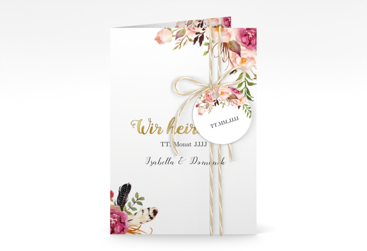 Einladungskarte Hochzeit Flowers A6 Klappkarte hoch weiss gold mit bunten Aquarell-Blumen