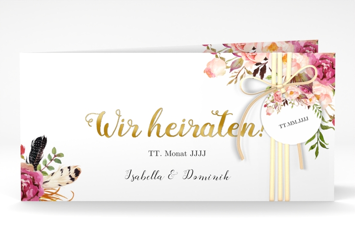 Hochzeitseinladung Flowers lange Klappkarte quer weiss gold mit bunten Aquarell-Blumen