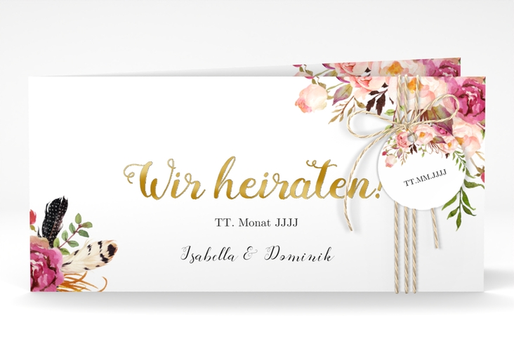 Hochzeitseinladung Flowers lange Klappkarte quer weiss gold mit bunten Aquarell-Blumen