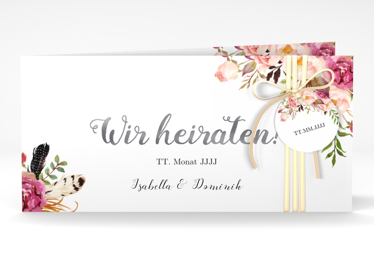 Hochzeitseinladung Flowers lange Klappkarte quer weiss silber mit bunten Aquarell-Blumen