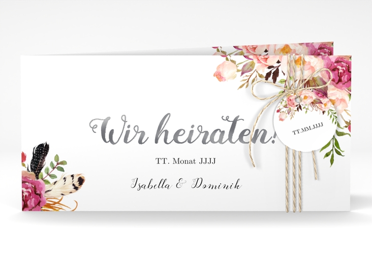 Hochzeitseinladung Flowers lange Klappkarte quer weiss silber mit bunten Aquarell-Blumen