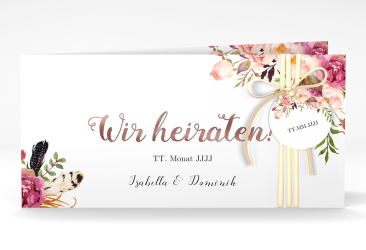 Hochzeitseinladung Flowers lange Klappkarte quer weiss rosegold mit bunten Aquarell-Blumen