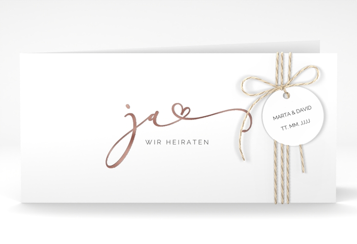 Hochzeitseinladung Jawort lange Klappkarte quer weiss rosegold modern minimalistisch mit veredelter Aufschrift