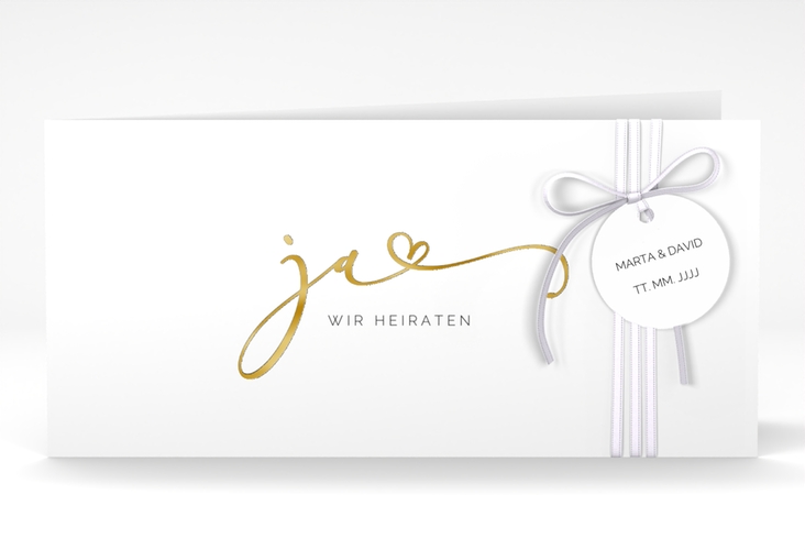 Hochzeitseinladung Jawort lange Klappkarte quer weiss gold modern minimalistisch mit veredelter Aufschrift