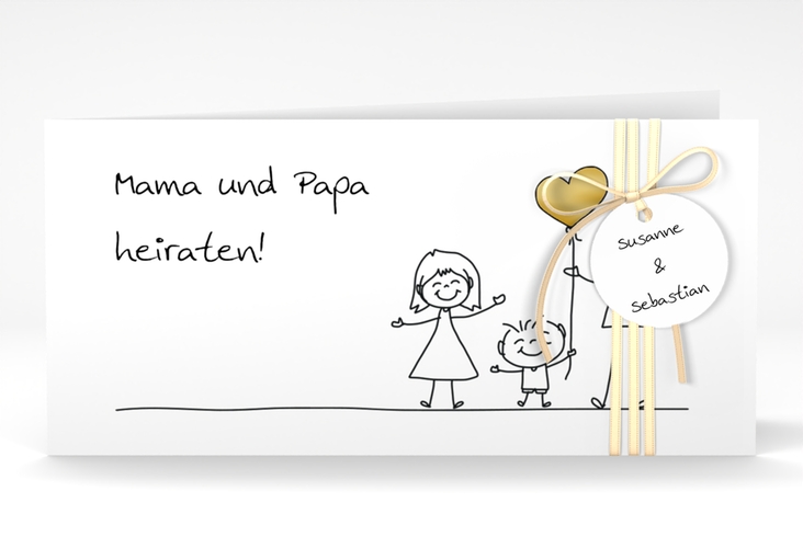 Hochzeitseinladung Family lange Klappkarte quer weiss gold