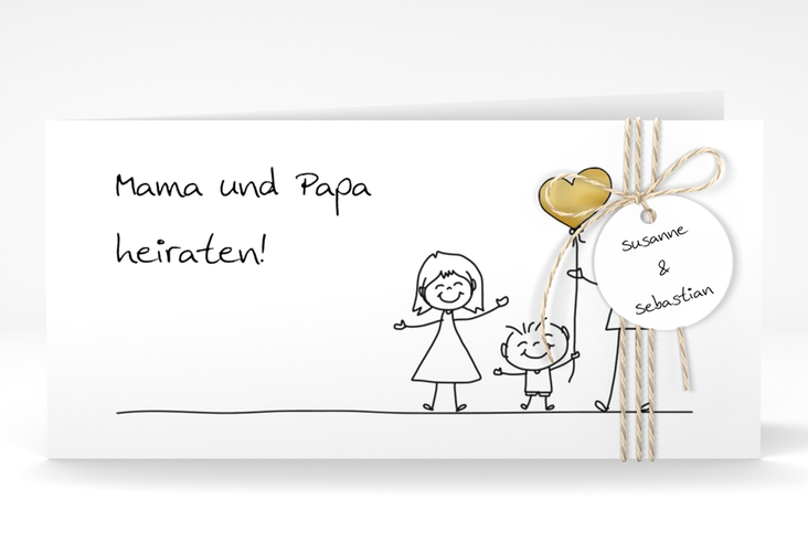 Hochzeitseinladung Family lange Klappkarte quer weiss gold