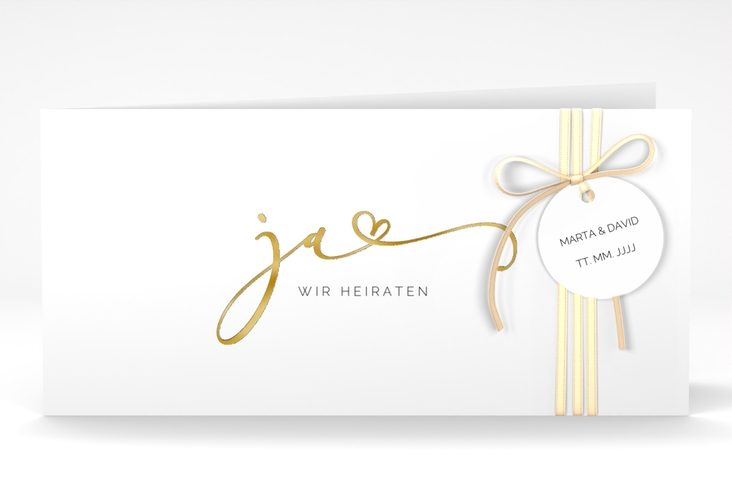 Hochzeitseinladung Jawort lange Klappkarte quer weiss gold modern minimalistisch mit veredelter Aufschrift