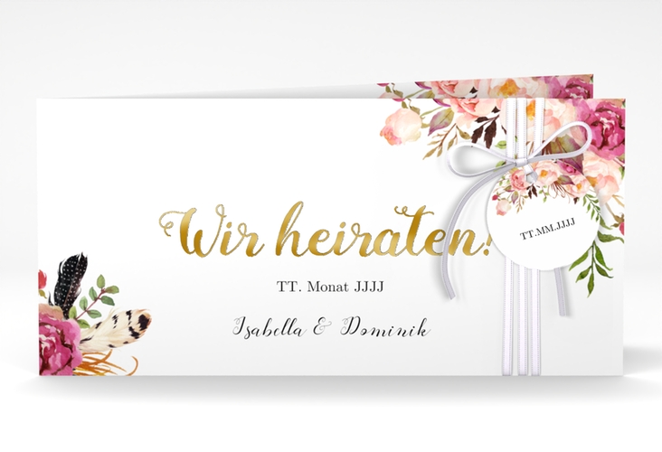 Hochzeitseinladung Flowers lange Klappkarte quer weiss gold mit bunten Aquarell-Blumen