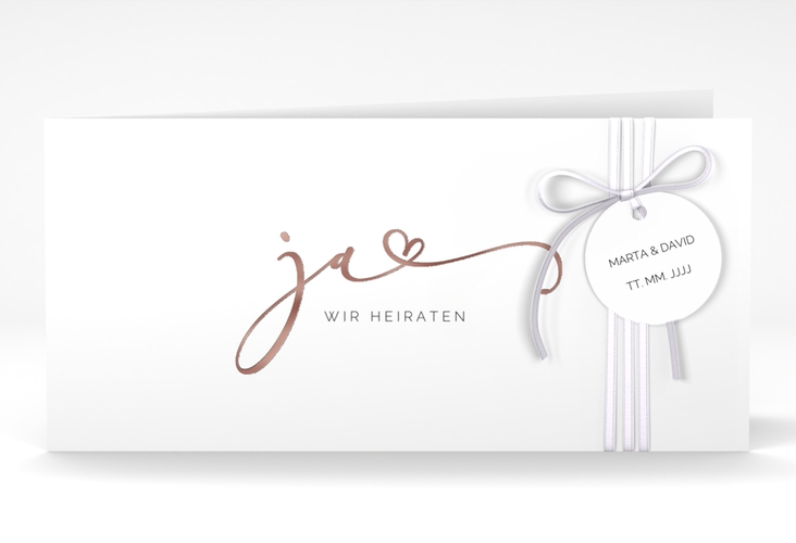 Hochzeitseinladung Jawort lange Klappkarte quer weiss rosegold modern minimalistisch mit veredelter Aufschrift