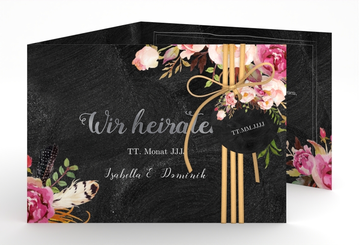 Hochzeitseinladung Flowers A6 Doppel-Klappkarte silber mit bunten Aquarell-Blumen