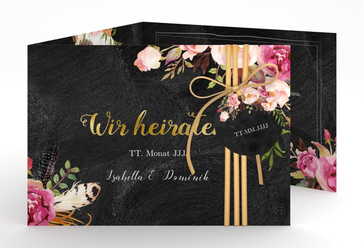 Hochzeitseinladung Flowers A6 Doppel-Klappkarte gold mit bunten Aquarell-Blumen