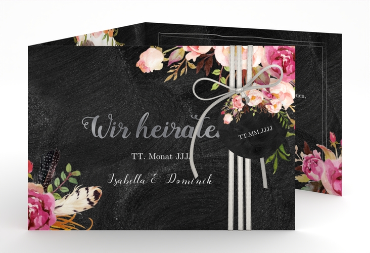 Hochzeitseinladung Flowers A6 Doppel-Klappkarte silber mit bunten Aquarell-Blumen