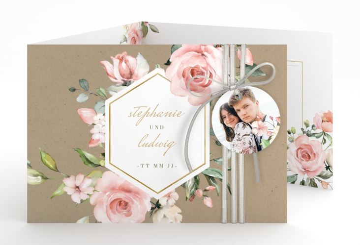 Hochzeitseinladung Graceful A6 Doppel-Klappkarte gold mit Rosenblüten in Rosa und Weiß