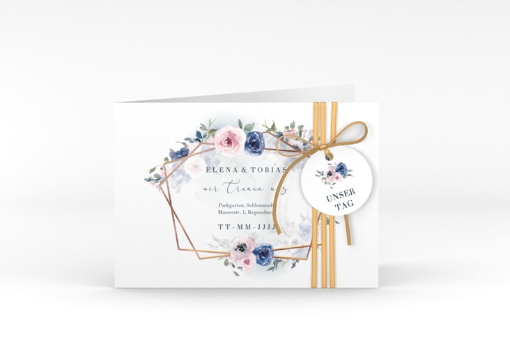 Hochzeitseinladung Dustyblue A6 Klappkarte quer rosegold