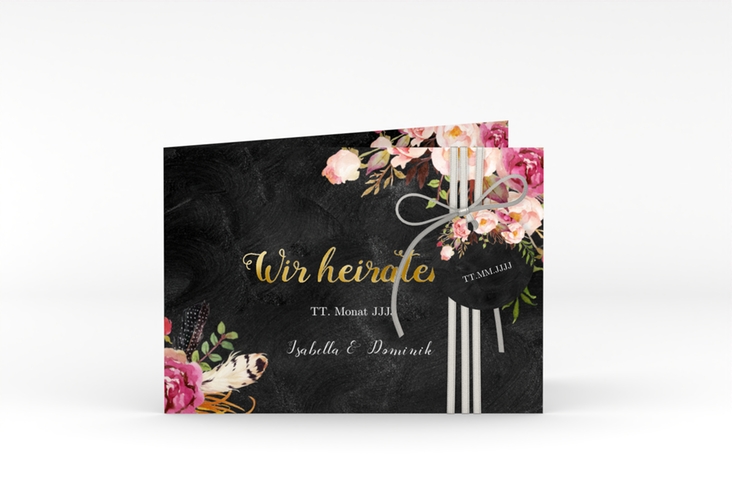 Hochzeitseinladung Flowers A6 Klappkarte quer gold mit bunten Aquarell-Blumen