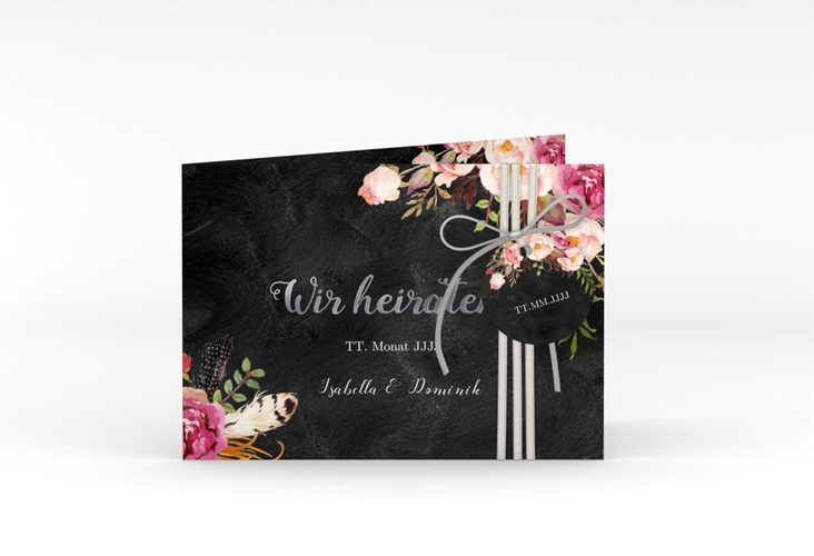 Hochzeitseinladung Flowers A6 Klappkarte quer silber mit bunten Aquarell-Blumen