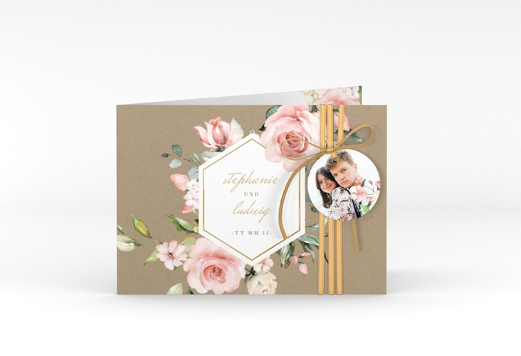 Einladung Hochzeit Graceful A6 Klappkarte quer gold mit Rosenblüten in Rosa und Weiß