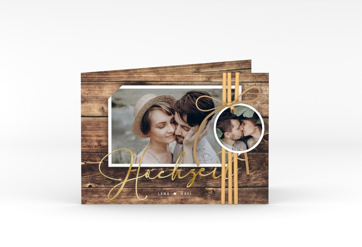 Hochzeitseinladung Rustic A6 Klappkarte quer gold in Holz-Optik mit Foto