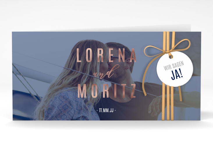 Hochzeitseinladung Memory lange Klappkarte quer blau rosegold