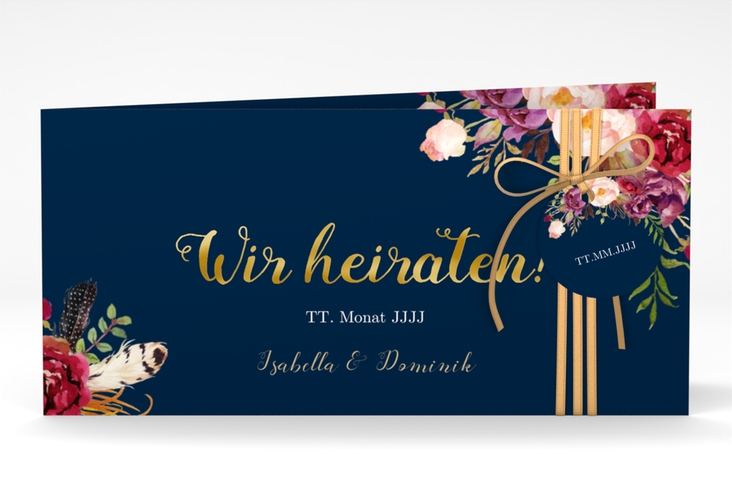 Hochzeitseinladung Flowers lange Klappkarte quer blau gold mit bunten Aquarell-Blumen