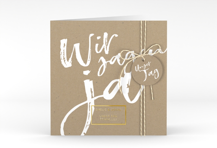 Hochzeitseinladung Words quadr. Klappkarte Kraftpapier gold modern mit Brush-Schrift