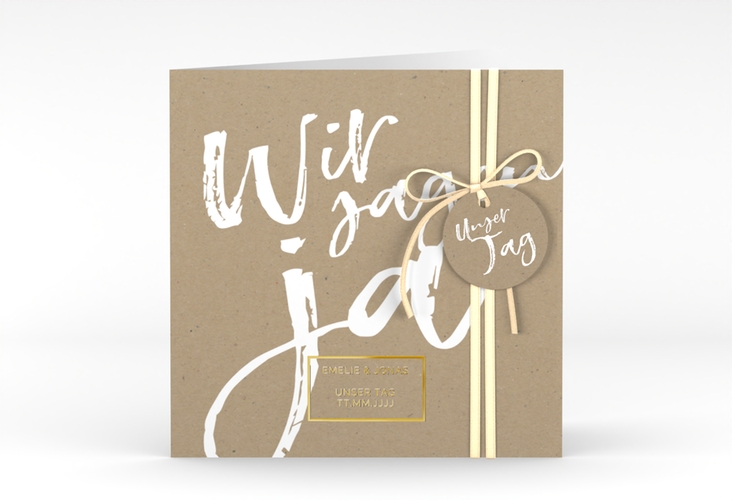 Hochzeitseinladung Words quadr. Klappkarte Kraftpapier gold modern mit Brush-Schrift