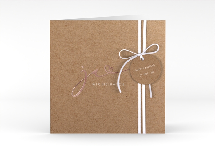 Hochzeitseinladung Jawort quadr. Klappkarte Kraftpapier rosegold modern minimalistisch mit veredelter Aufschrift