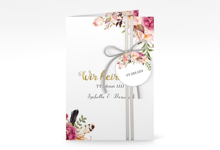 Einladungskarte Hochzeit Flowers A6 Klappkarte hoch weiss gold mit bunten Aquarell-Blumen