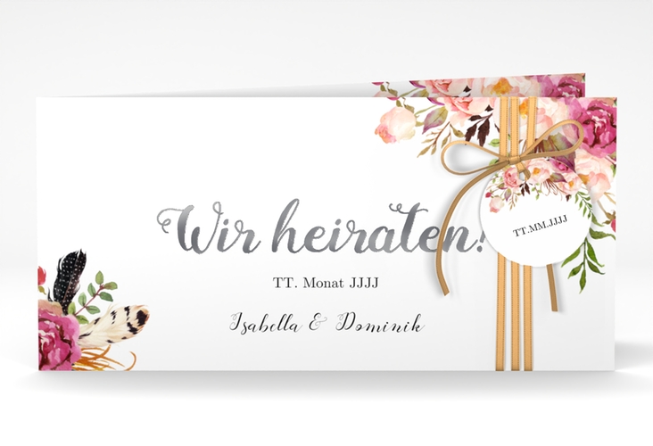 Hochzeitseinladung Flowers lange Klappkarte quer weiss silber mit bunten Aquarell-Blumen