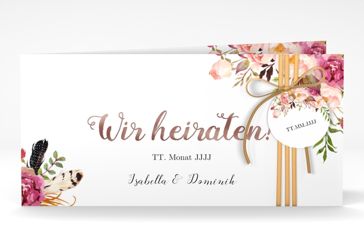 Hochzeitseinladung Flowers lange Klappkarte quer weiss rosegold mit bunten Aquarell-Blumen