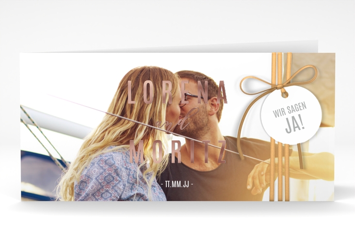 Hochzeitseinladung Memory lange Klappkarte quer weiss rosegold