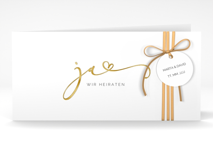 Hochzeitseinladung Jawort lange Klappkarte quer weiss gold modern minimalistisch mit veredelter Aufschrift