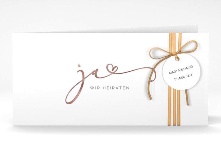 Hochzeitseinladung Jawort lange Klappkarte quer weiss rosegold modern minimalistisch mit veredelter Aufschrift