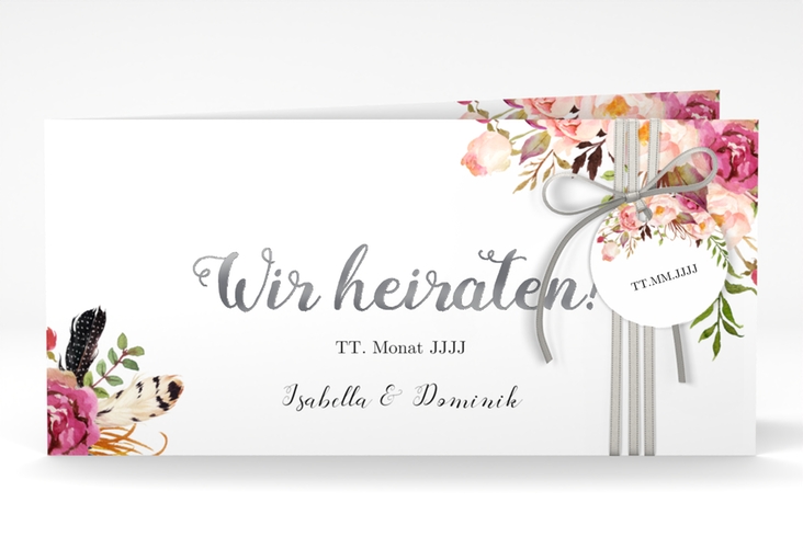 Hochzeitseinladung Flowers lange Klappkarte quer weiss silber mit bunten Aquarell-Blumen