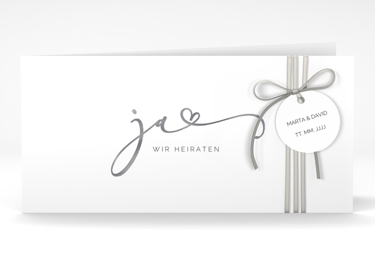 Hochzeitseinladung Jawort lange Klappkarte quer weiss silber modern minimalistisch mit veredelter Aufschrift